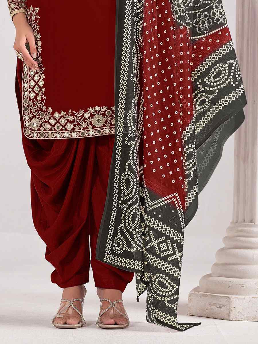 Maroon Roman Silk Embroidered Festival Wedding Patiala Salwar Kameez