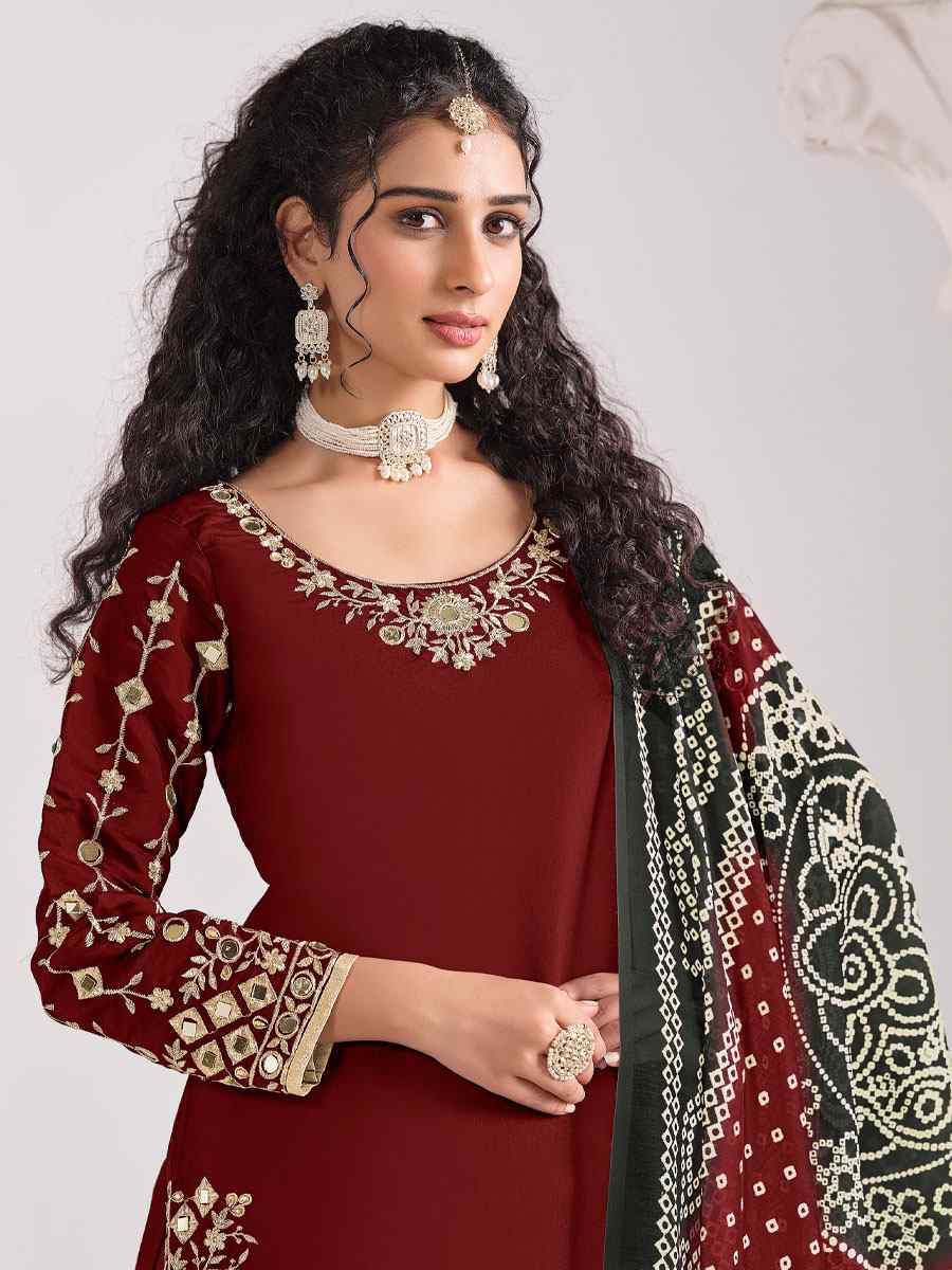Maroon Roman Silk Embroidered Festival Wedding Patiala Salwar Kameez