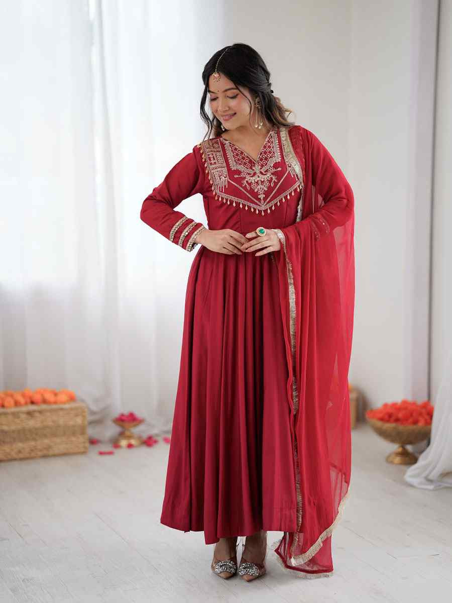 Maroon Roman Silk Embroidery Party Wedding Festival Casual Ready Pant Anarkali Salwar Kameez