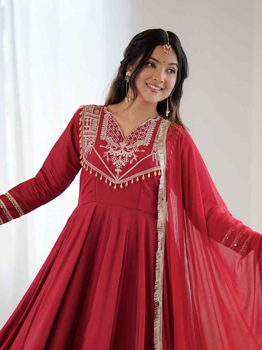 Maroon Roman Silk Embroidery Party Wedding Festival Casual Ready Pant Anarkali Salwar Kameez