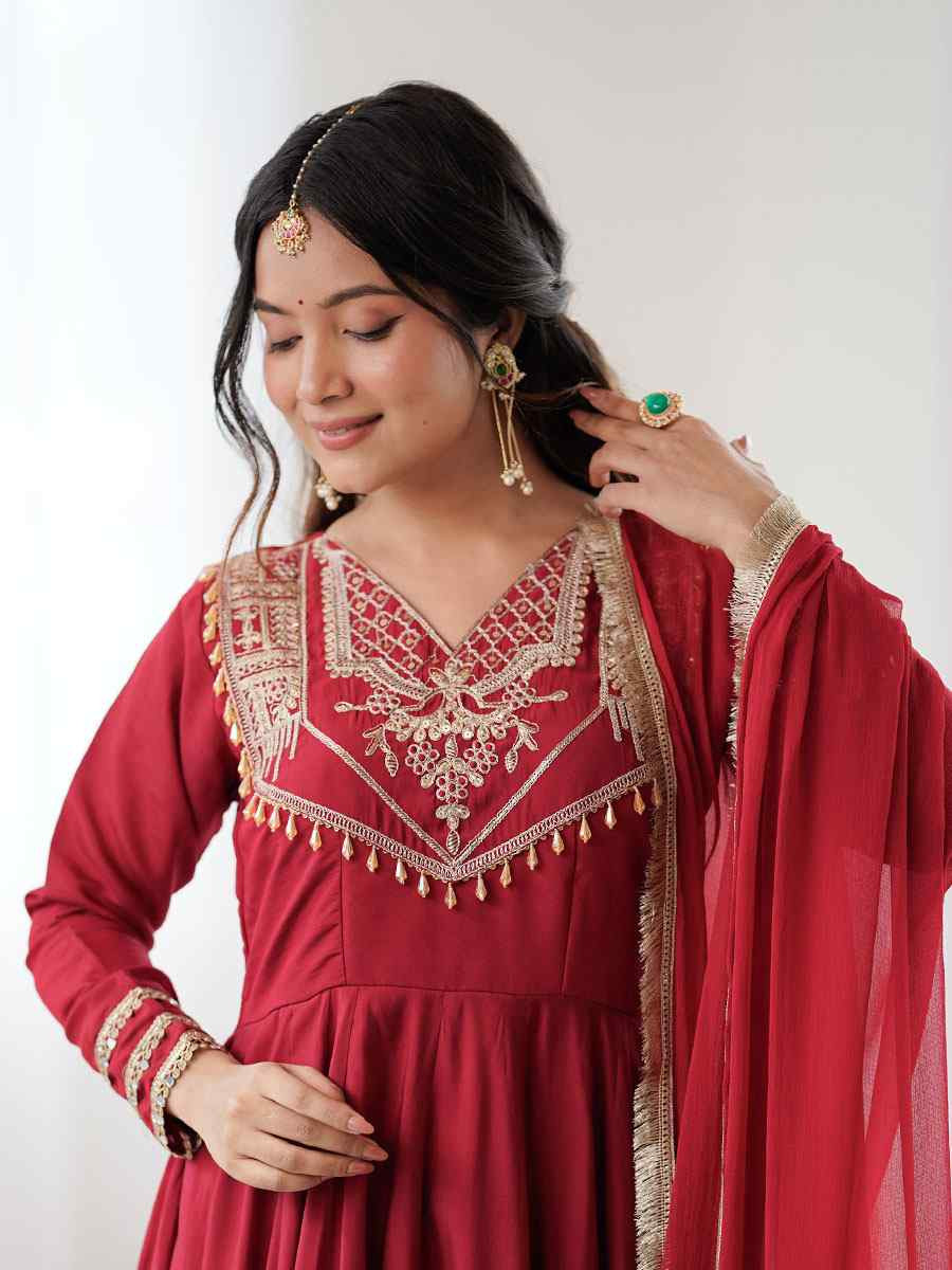 Maroon Roman Silk Embroidery Party Wedding Festival Casual Ready Pant Anarkali Salwar Kameez