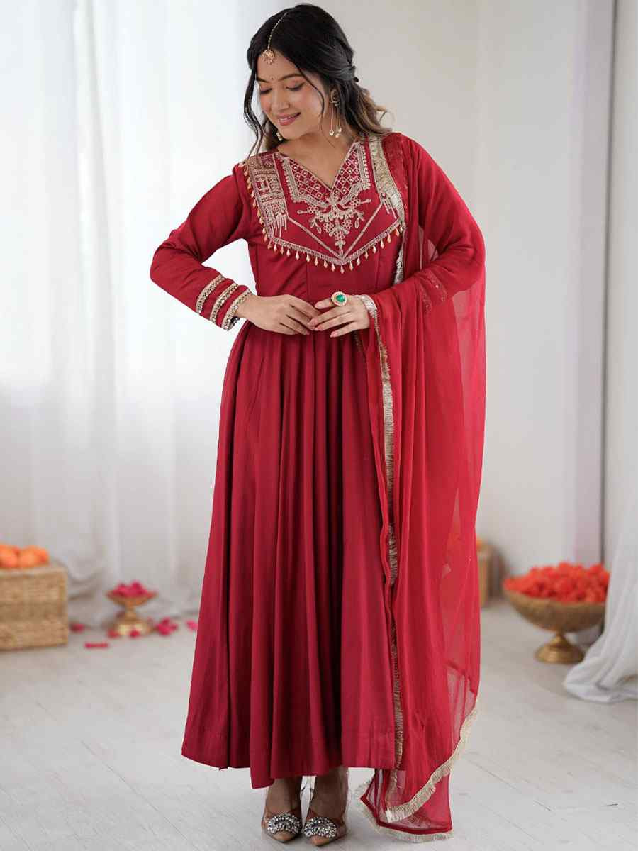 Maroon Roman Silk Embroidery Party Wedding Festival Casual Ready Pant Anarkali Salwar Kameez