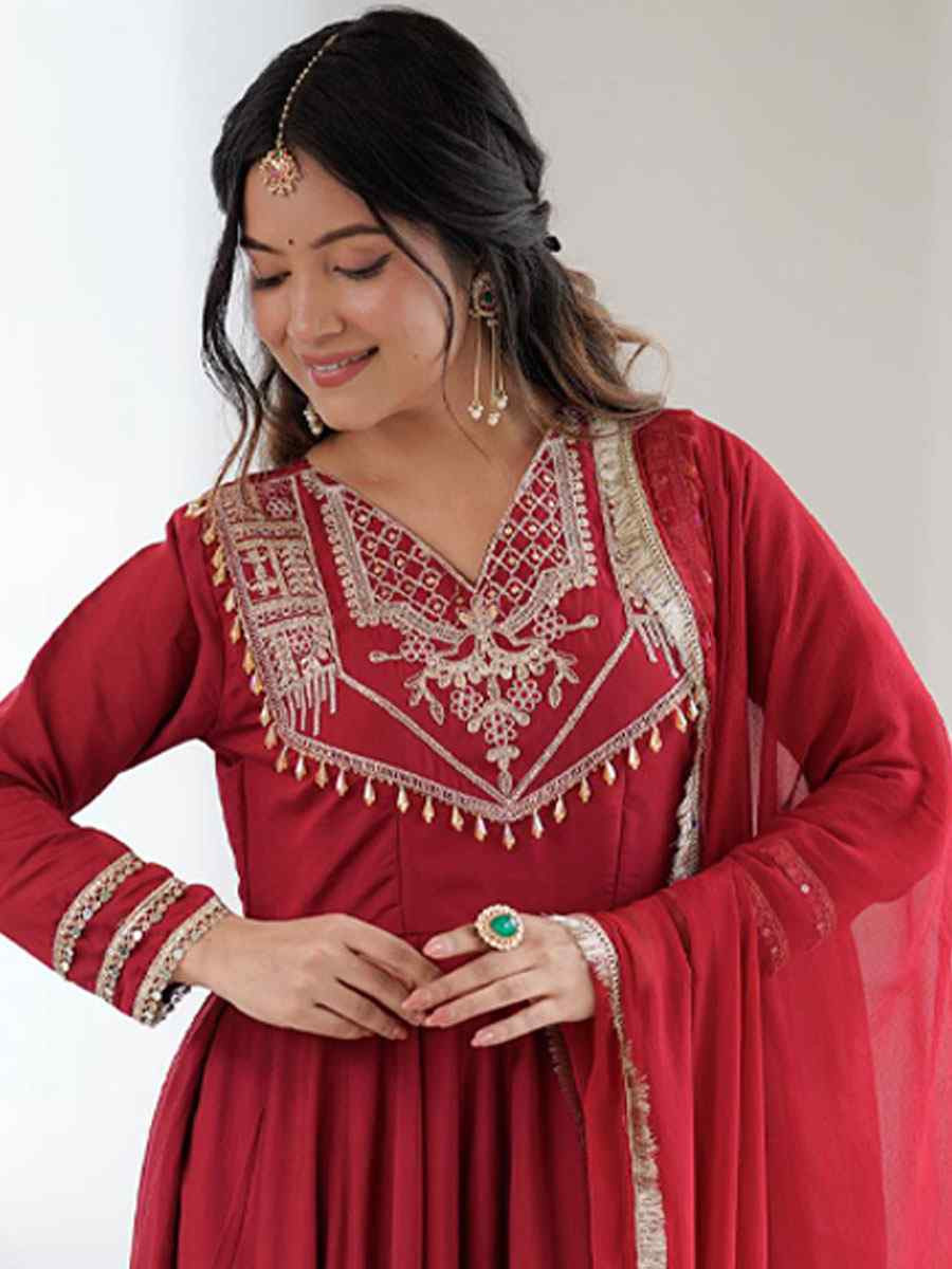 Maroon Roman Silk Embroidery Party Wedding Festival Casual Ready Pant Anarkali Salwar Kameez