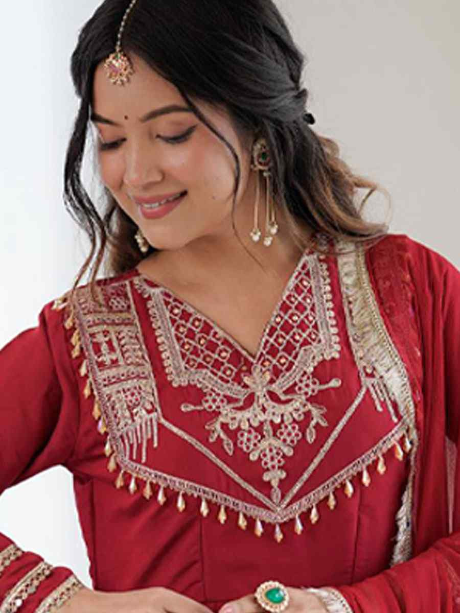 Maroon Roman Silk Embroidery Party Wedding Festival Casual Ready Pant Anarkali Salwar Kameez