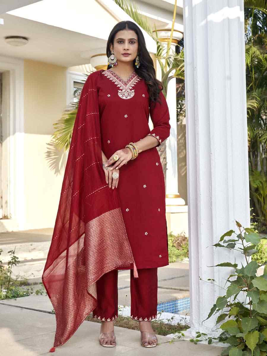 Maroon Roman Silk Embroidery Party Wedding Festival Casual Ready Pant Salwar Kameez