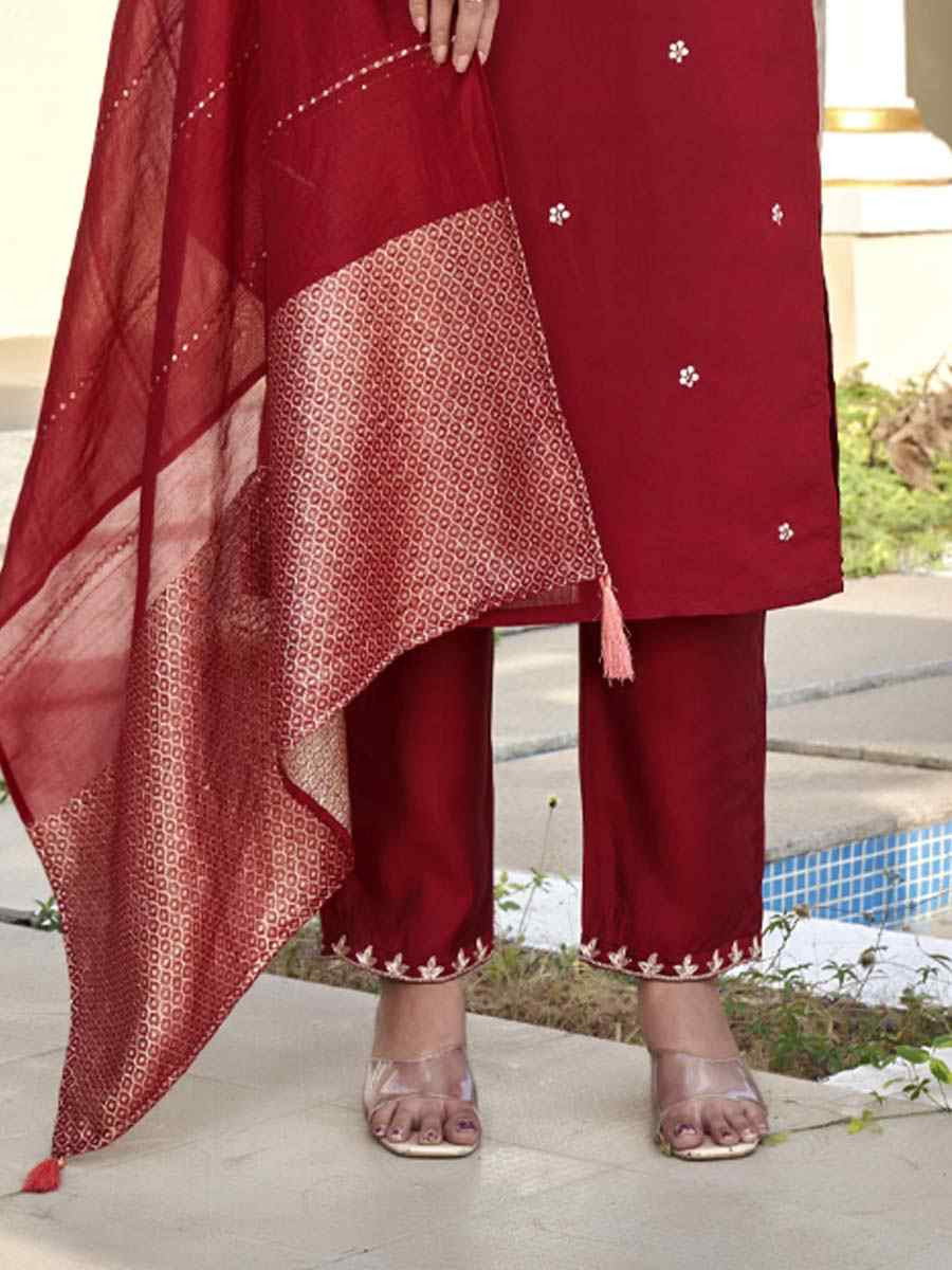 Maroon Roman Silk Embroidery Party Wedding Festival Casual Ready Pant Salwar Kameez