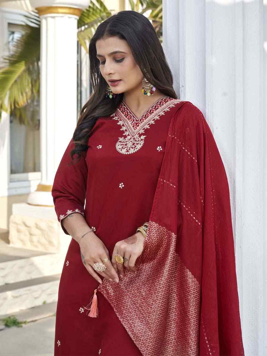 Maroon Roman Silk Embroidery Party Wedding Festival Casual Ready Pant Salwar Kameez