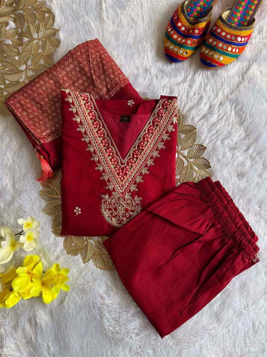 Maroon Roman Silk Embroidery Party Wedding Festival Casual Ready Pant Salwar Kameez