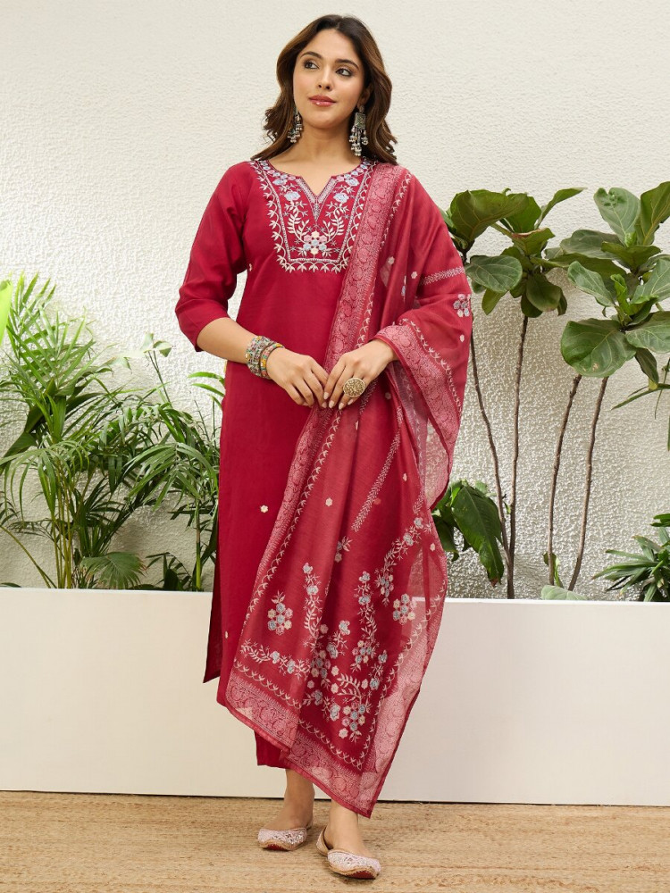 Image of Maroon Roman Silk Embroidery Wedding Party Festival Casual Ready Pant Salwar Kameez