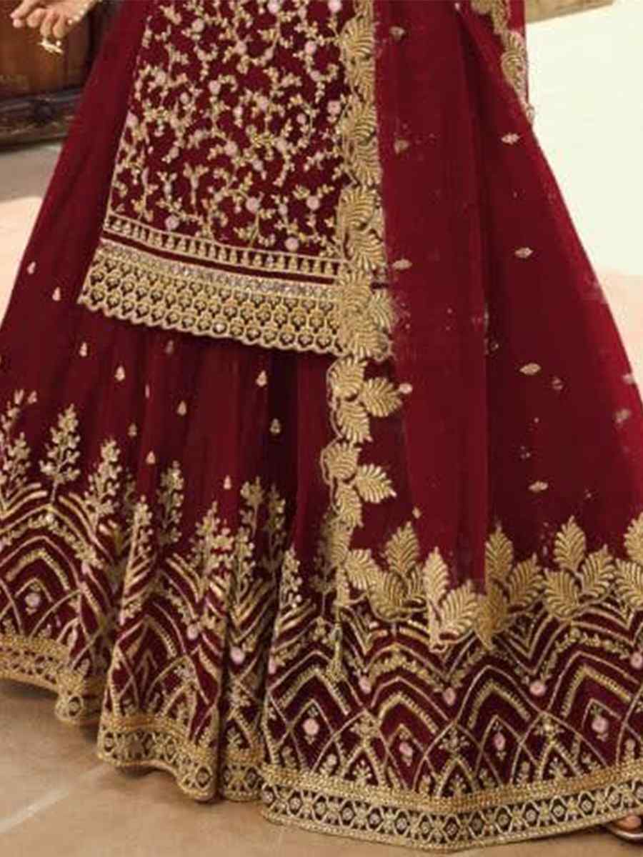Maroon Santoon Embroidered Bridesmaid Reception Kurti Lehenga Choli