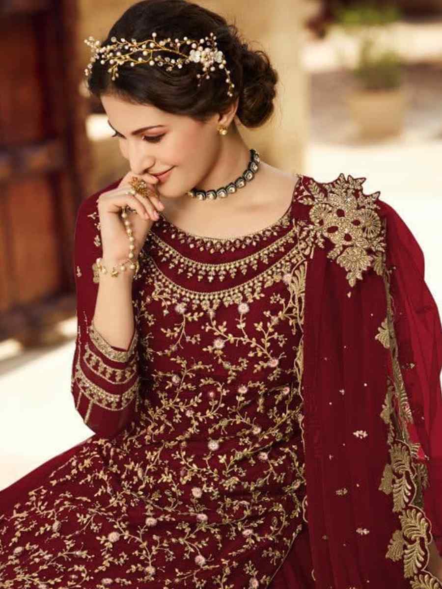 Maroon Santoon Embroidered Bridesmaid Reception Kurti Lehenga Choli