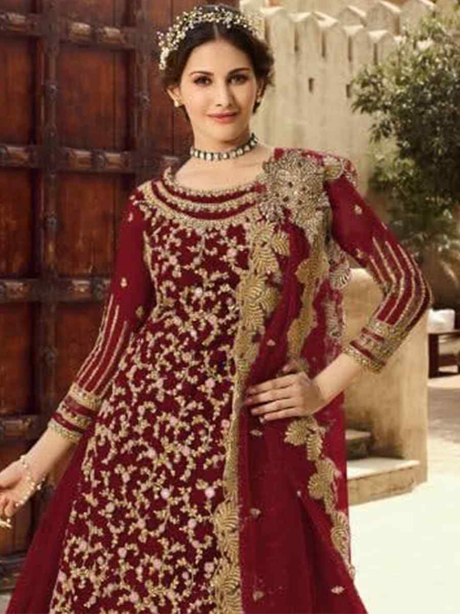 Maroon Santoon Embroidered Bridesmaid Reception Kurti Lehenga Choli
