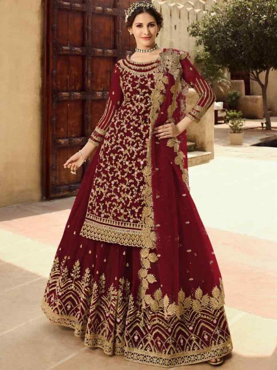 Maroon Santoon Embroidered Bridesmaid Reception Kurti Lehenga Choli