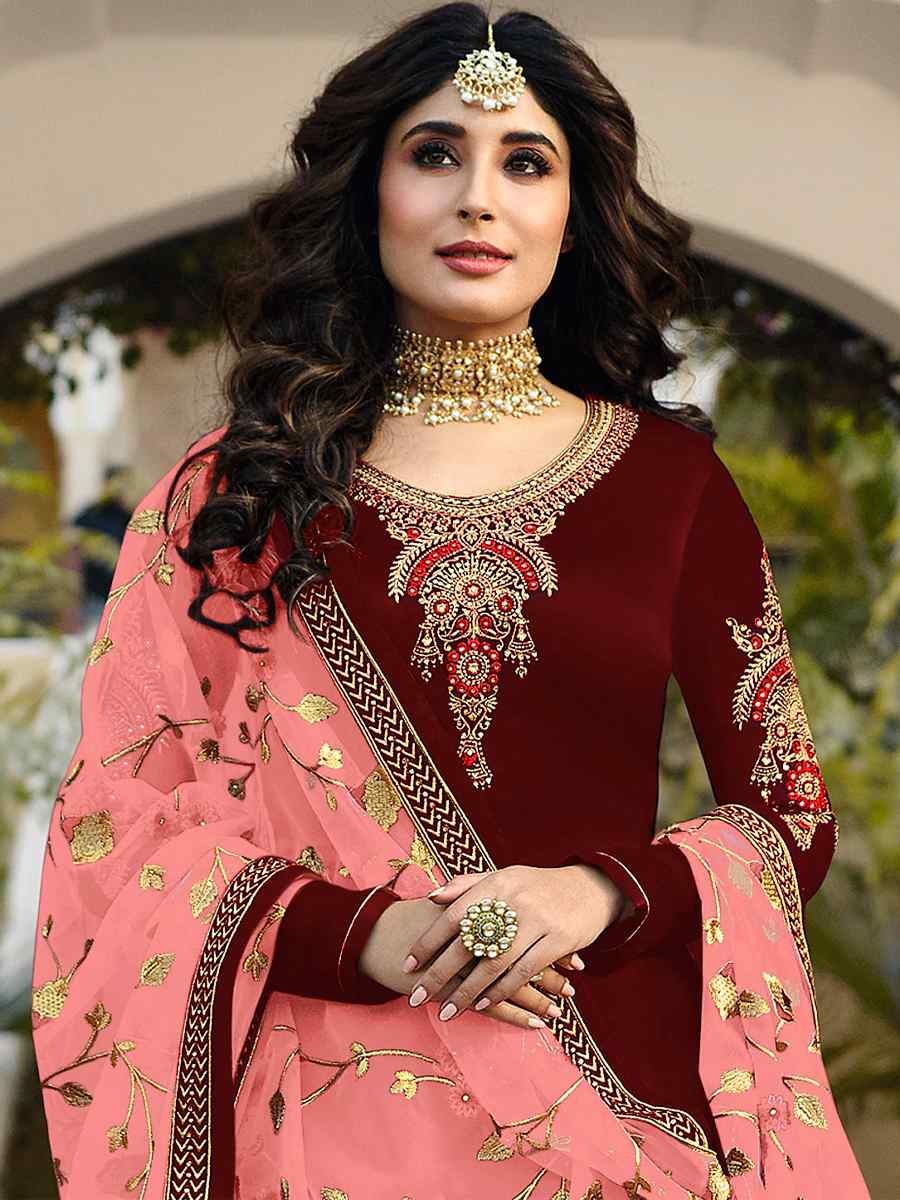 Maroon Satin Georgette Embroidered Wedding Party Bollywood Style Churidar Salwar Kameez