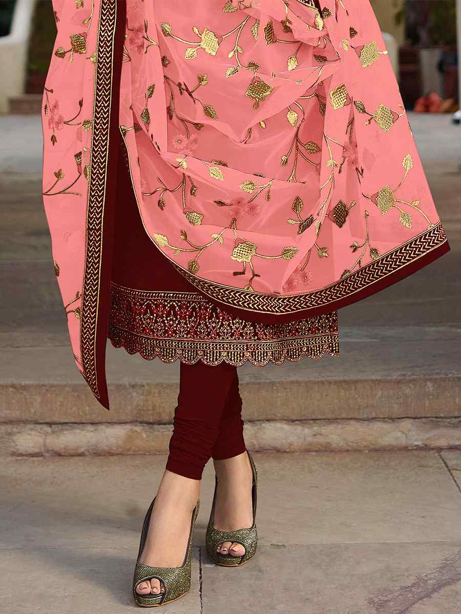Maroon Satin Georgette Embroidered Wedding Party Bollywood Style Churidar Salwar Kameez