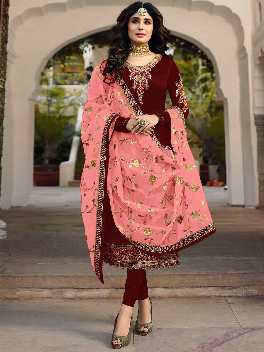 Maroon Satin Georgette Embroidered Wedding Party Bollywood Style Churidar Salwar Kameez