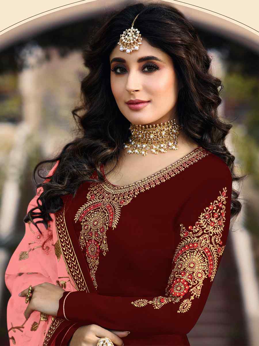 Maroon Satin Georgette Embroidered Wedding Party Bollywood Style Churidar Salwar Kameez