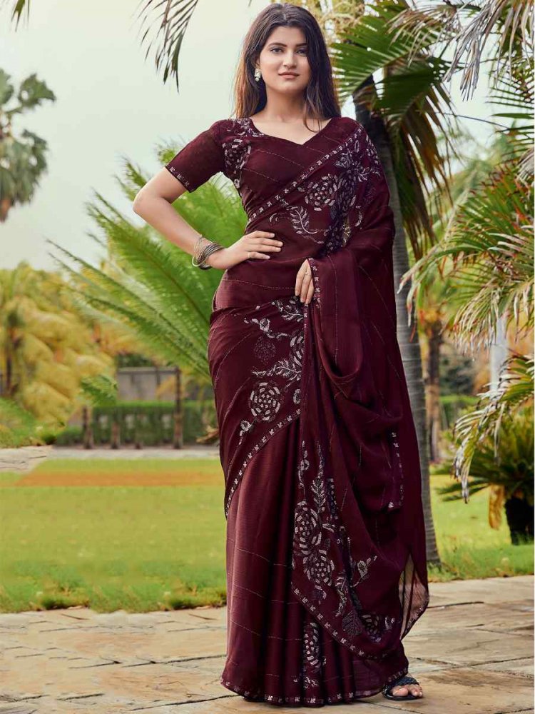 Maroon Satin Silk Chiffon Handwoven Reception Party Heavy Border Saree