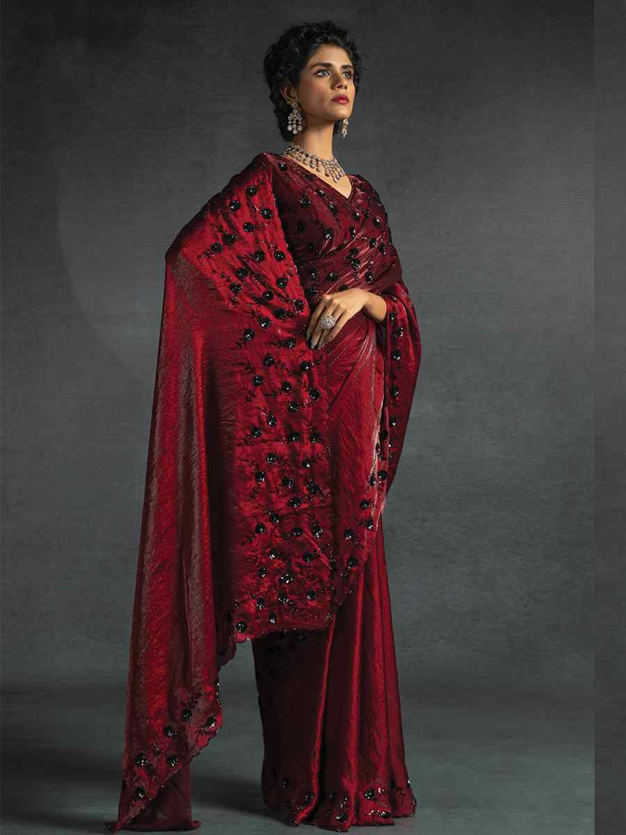 Maroon Satin Silk Embroidered Festival Wedding Fancy Heavy Border Saree