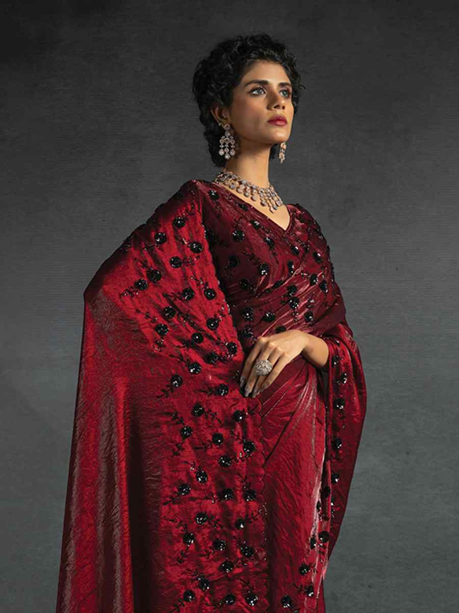 Maroon Satin Silk Embroidered Festival Wedding Fancy Heavy Border Saree