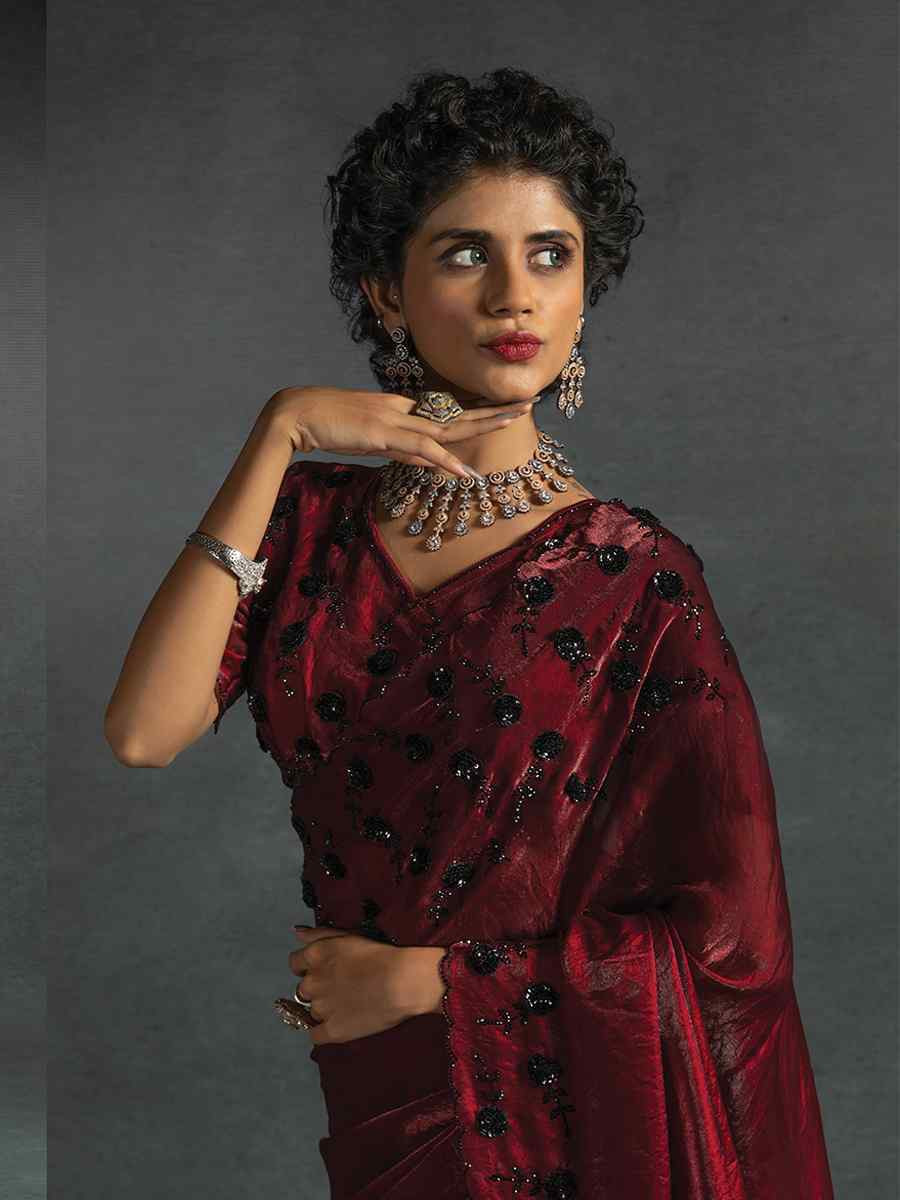Maroon Satin Silk Embroidered Festival Wedding Fancy Heavy Border Saree