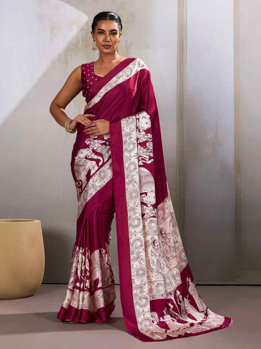 Maroon Satin Silk Printed Traditional Casual Reception Festival Wedding Fancy Heavy Border Saree