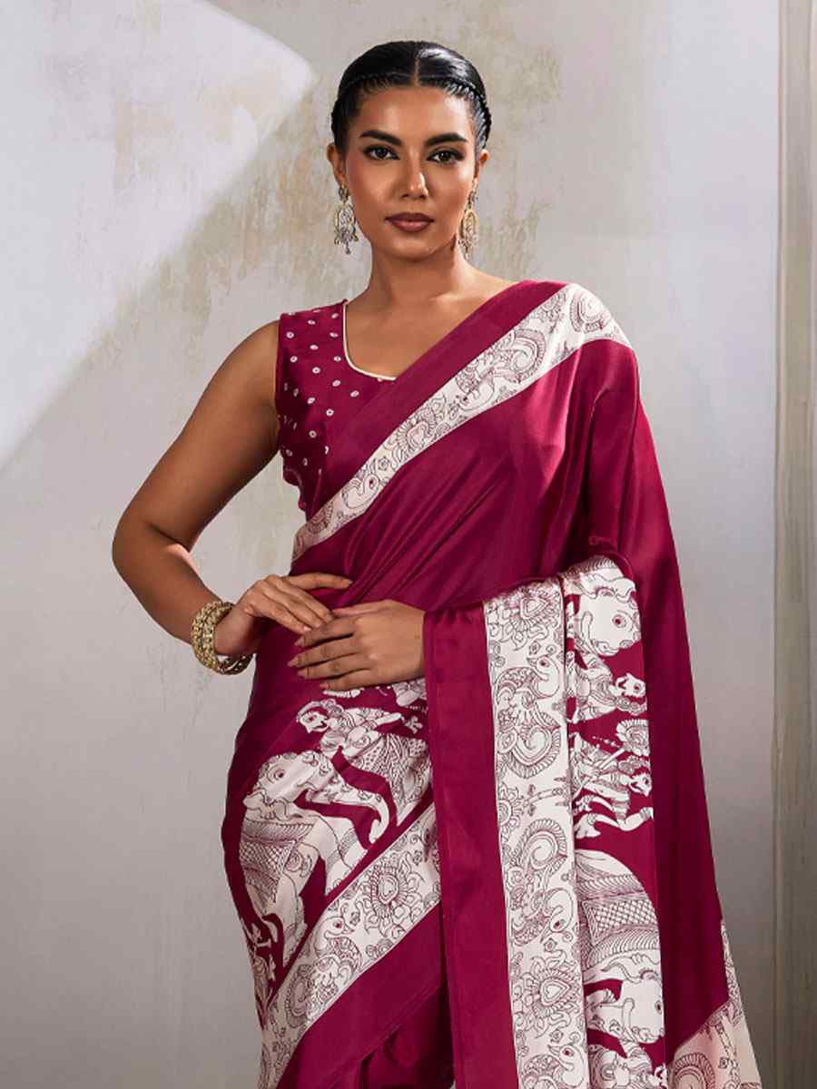 Maroon Satin Silk Printed Traditional Casual Reception Festival Wedding Fancy Heavy Border Saree