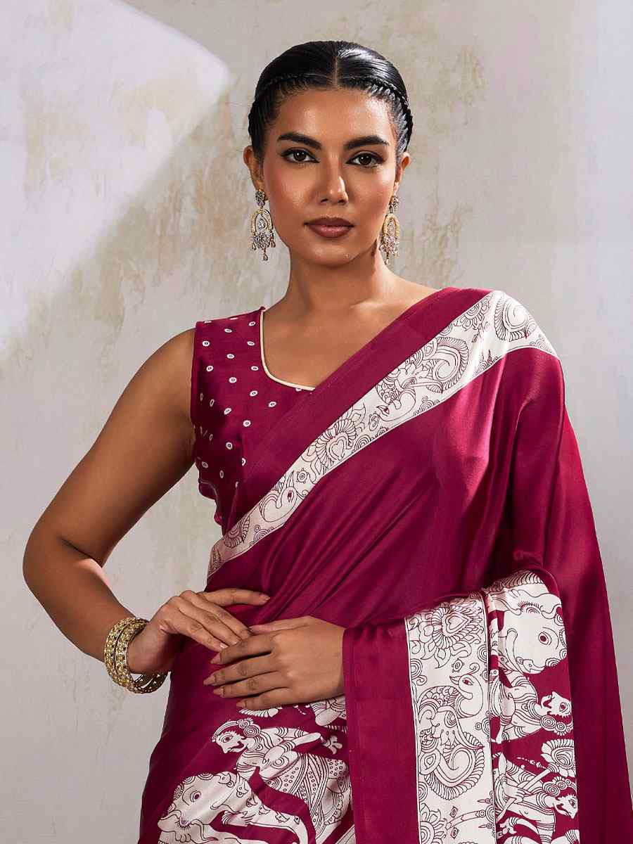 Maroon Satin Silk Printed Traditional Casual Reception Festival Wedding Fancy Heavy Border Saree