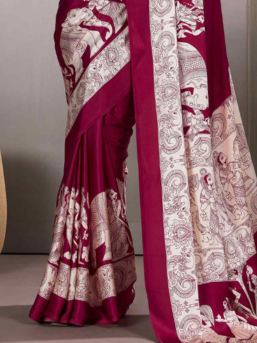 Maroon Satin Silk Printed Traditional Casual Reception Festival Wedding Fancy Heavy Border Saree