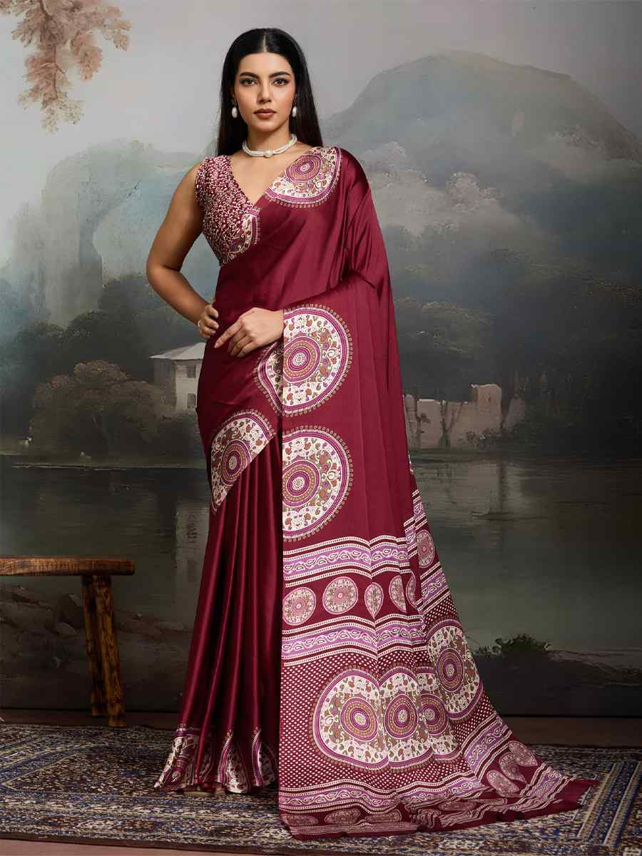 Maroon Satin Silk Printed Traditional Casual Reception Festival Wedding Fancy Heavy Border Saree
