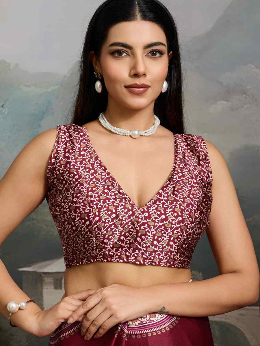 Maroon Satin Silk Printed Traditional Casual Reception Festival Wedding Fancy Heavy Border Saree