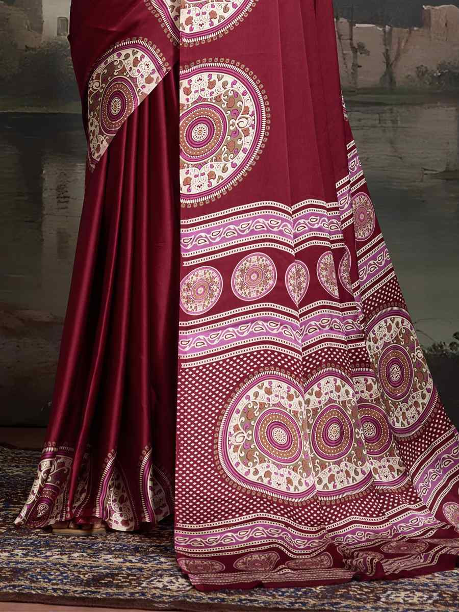 Maroon Satin Silk Printed Traditional Casual Reception Festival Wedding Fancy Heavy Border Saree