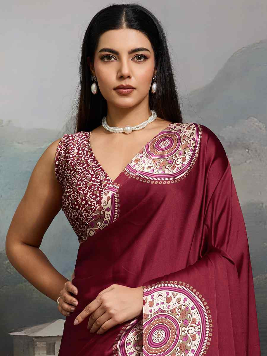 Maroon Satin Silk Printed Traditional Casual Reception Festival Wedding Fancy Heavy Border Saree