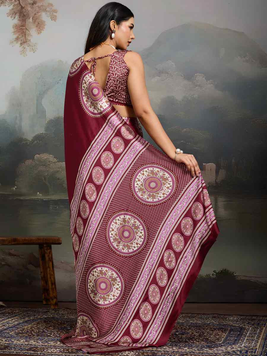 Maroon Satin Silk Printed Traditional Casual Reception Festival Wedding Fancy Heavy Border Saree