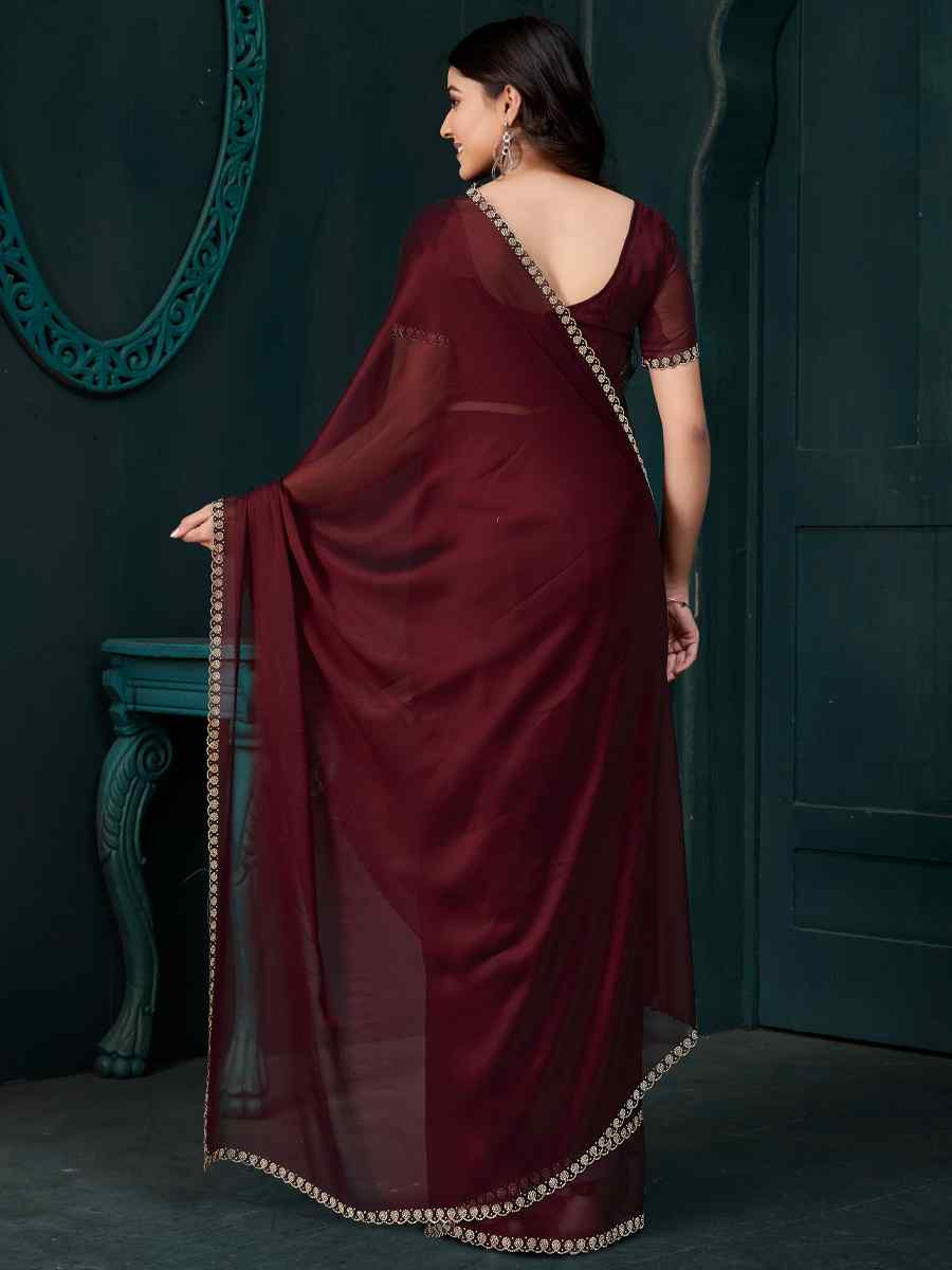 Maroon Satin Silk Solid Festival Wedding Fancy Heavy Border Saree