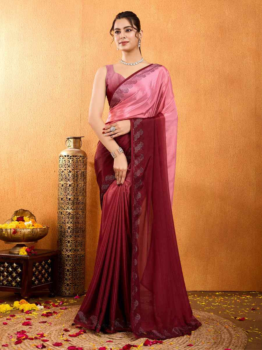 Maroon Shaded Chinon Printed Festival Casual Heavy Border Saree