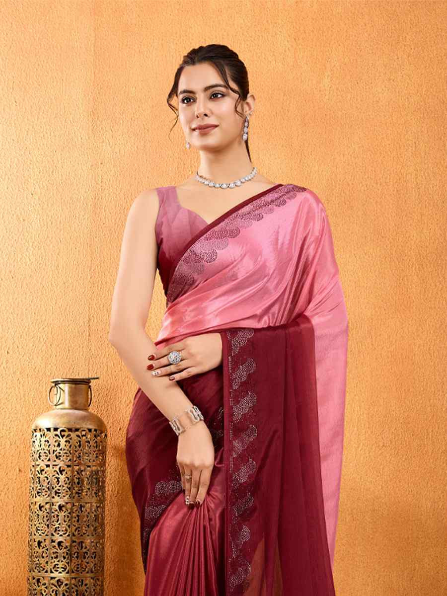 Maroon Shaded Chinon Printed Festival Casual Heavy Border Saree