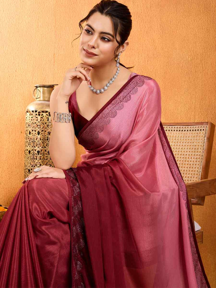 Maroon Shaded Chinon Printed Festival Casual Heavy Border Saree