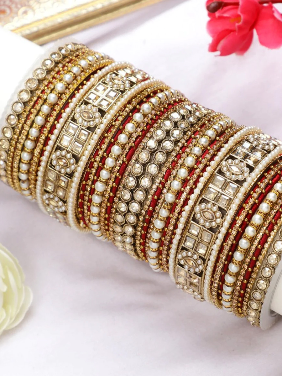 Maroon Silk Aluminium Alloy Festival Wear Kundan Bangles