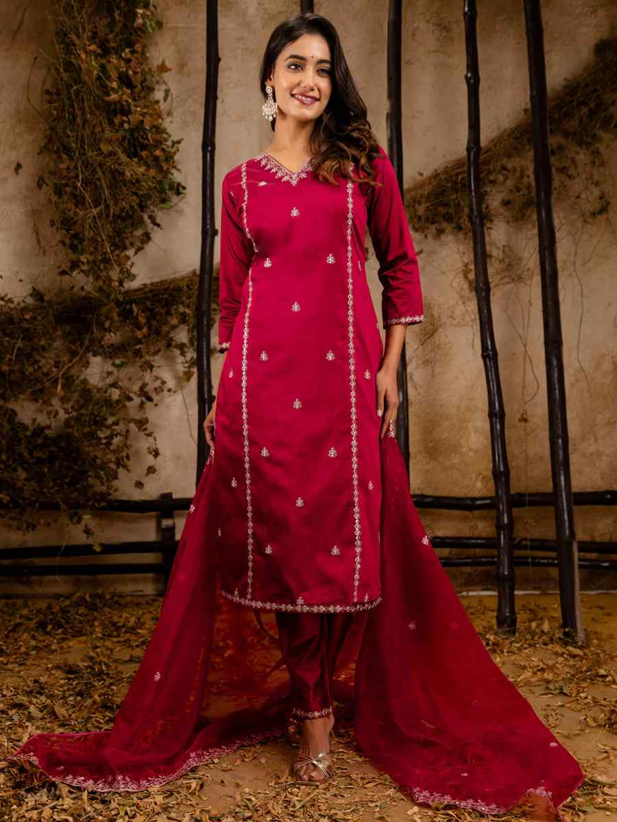 Maroon Silk Blend Embroidered Festival Casual Ready Pant Salwar Kameez