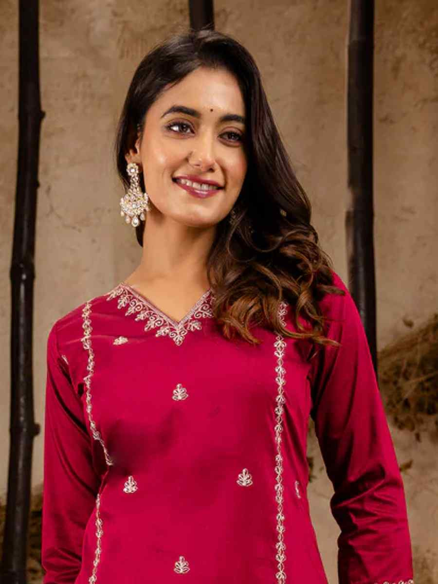 Maroon Silk Blend Embroidered Festival Casual Ready Pant Salwar Kameez