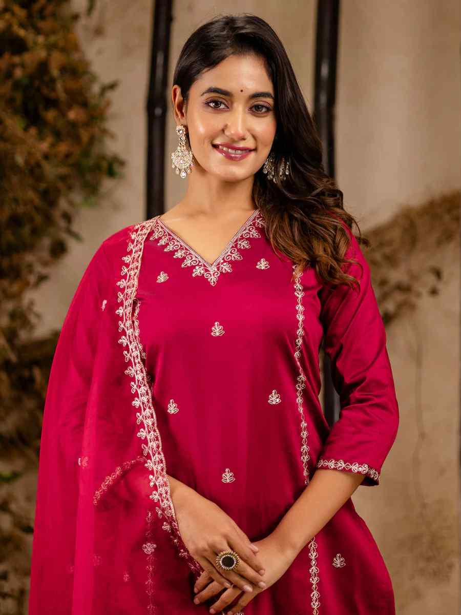 Maroon Silk Blend Embroidered Festival Casual Ready Pant Salwar Kameez