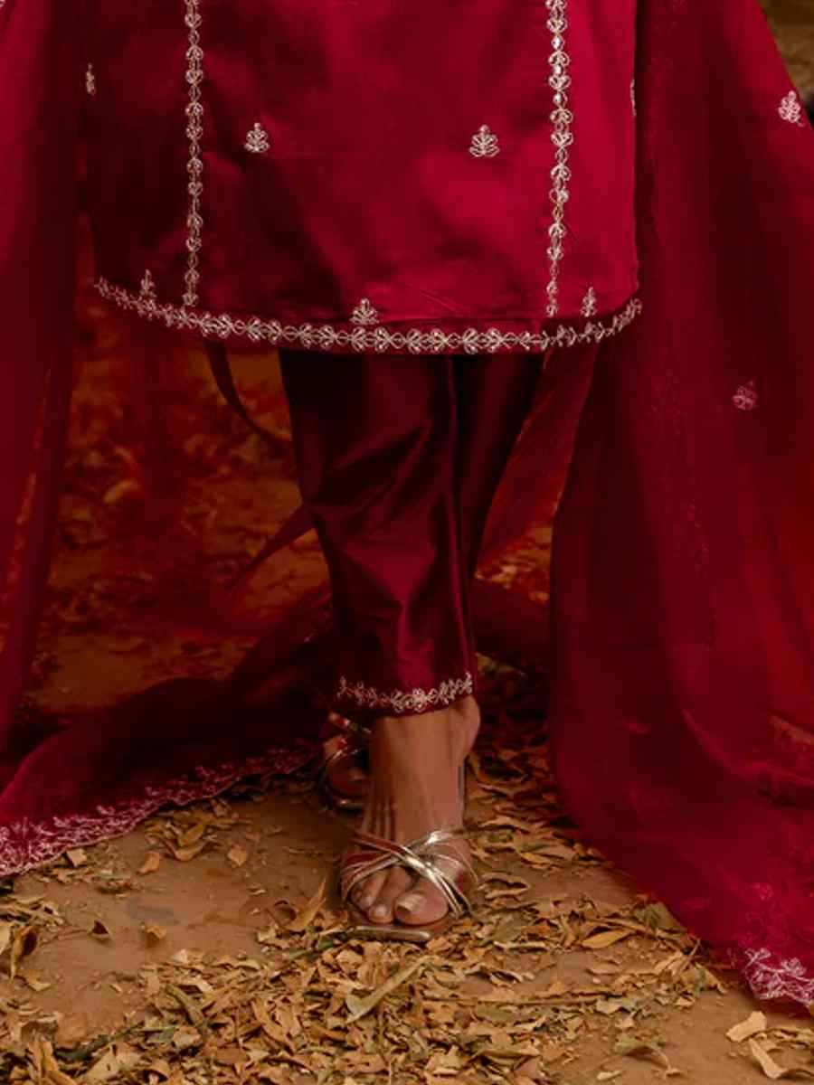 Maroon Silk Blend Embroidered Festival Casual Ready Pant Salwar Kameez