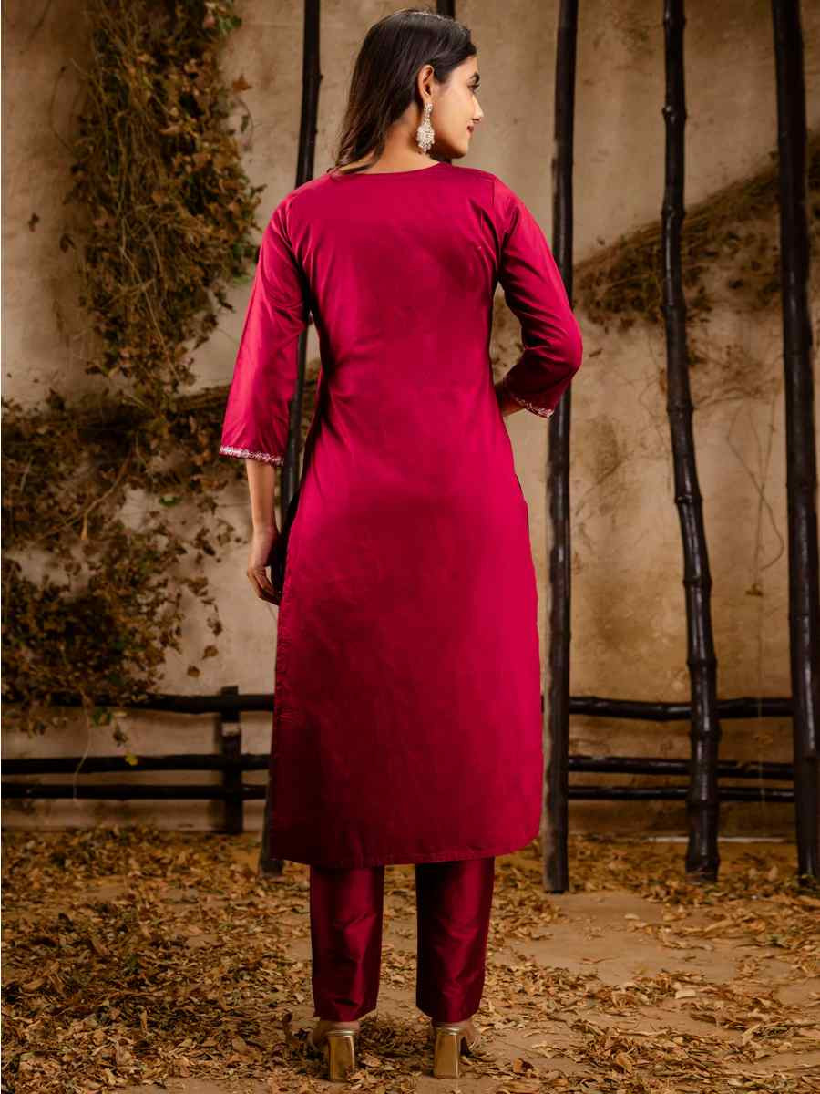 Maroon Silk Blend Embroidered Festival Casual Ready Pant Salwar Kameez