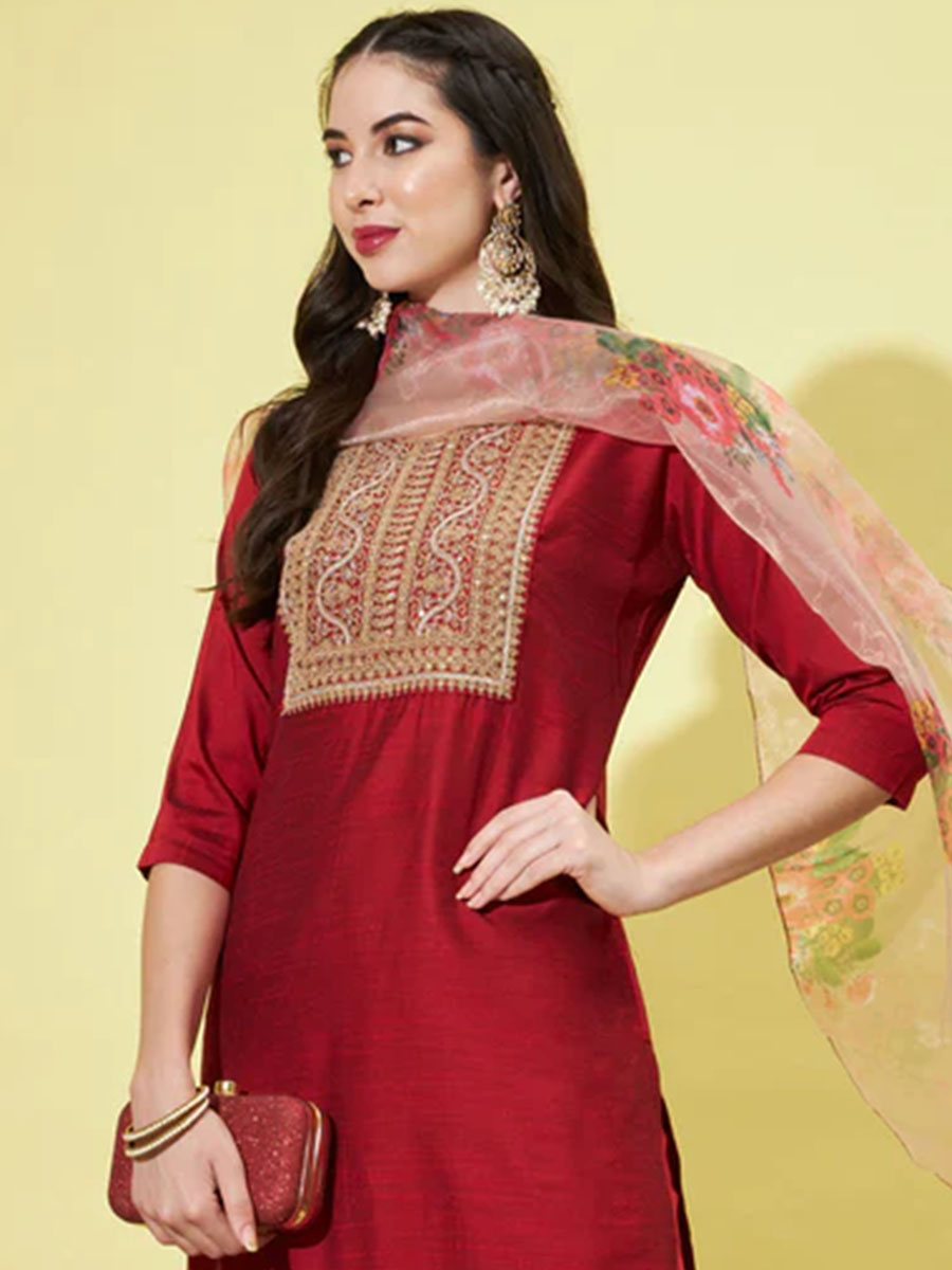 Maroon Silk Blend Embroidered Festival Casual Ready Pant Salwar Kameez