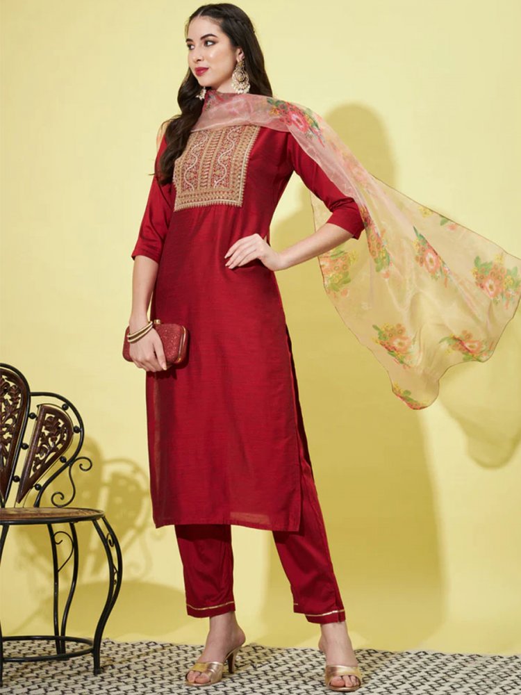Maroon Silk Blend Embroidered Festival Casual Ready Pant Salwar Kameez