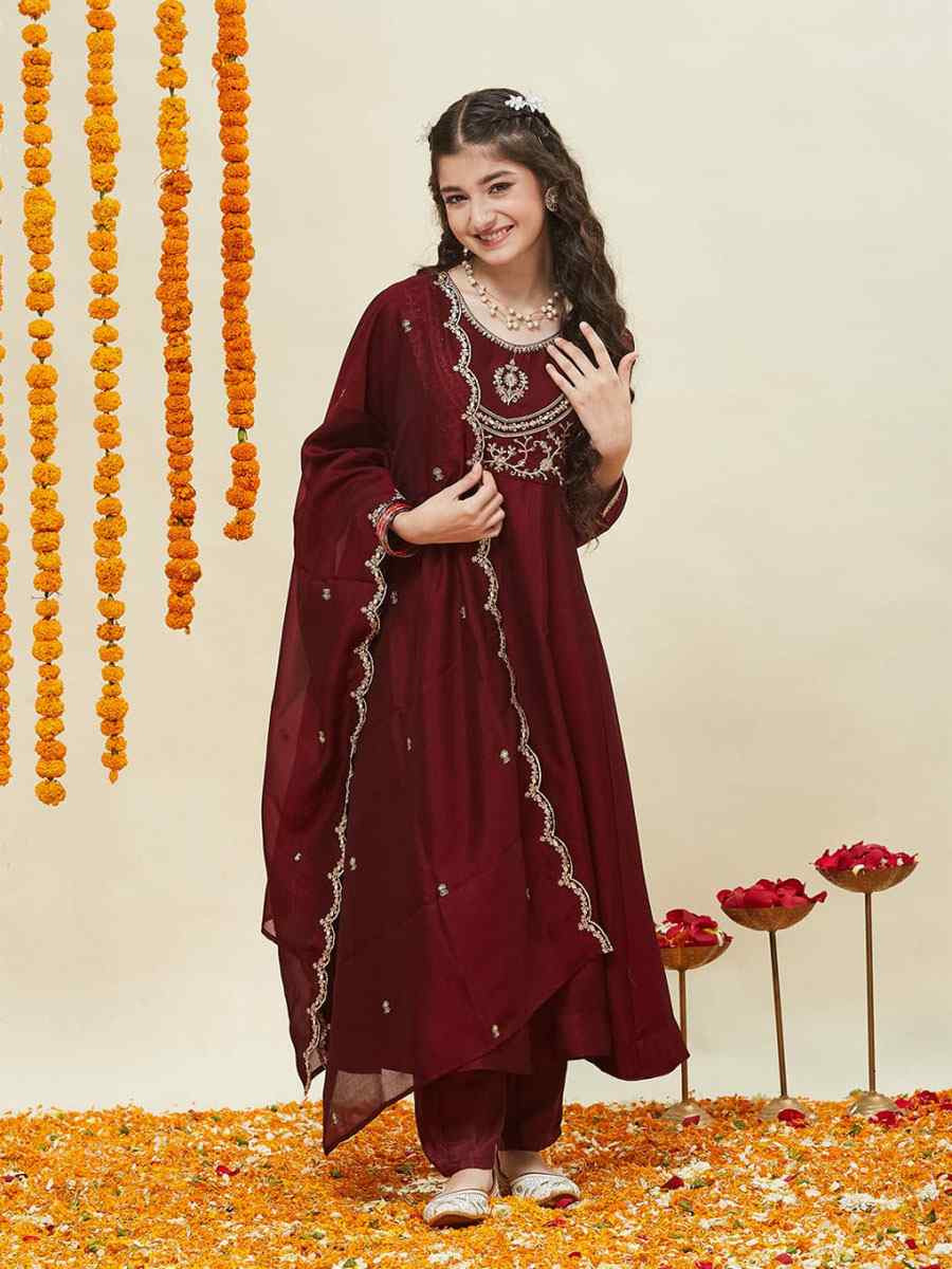 Maroon Silk Blend Embroidered Wedding Festival Salwars Girls Wear