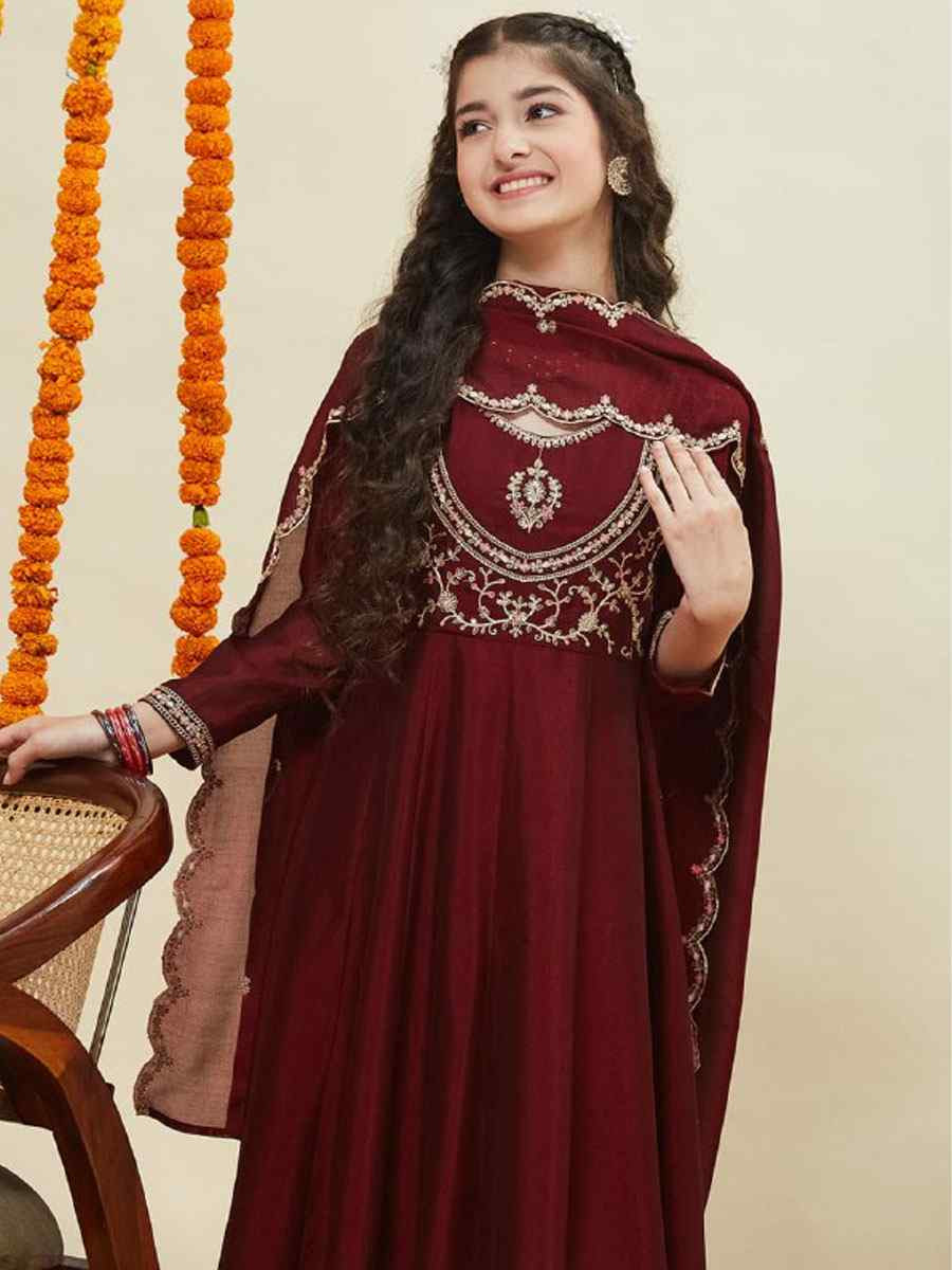 Maroon Silk Blend Embroidered Wedding Festival Salwars Girls Wear