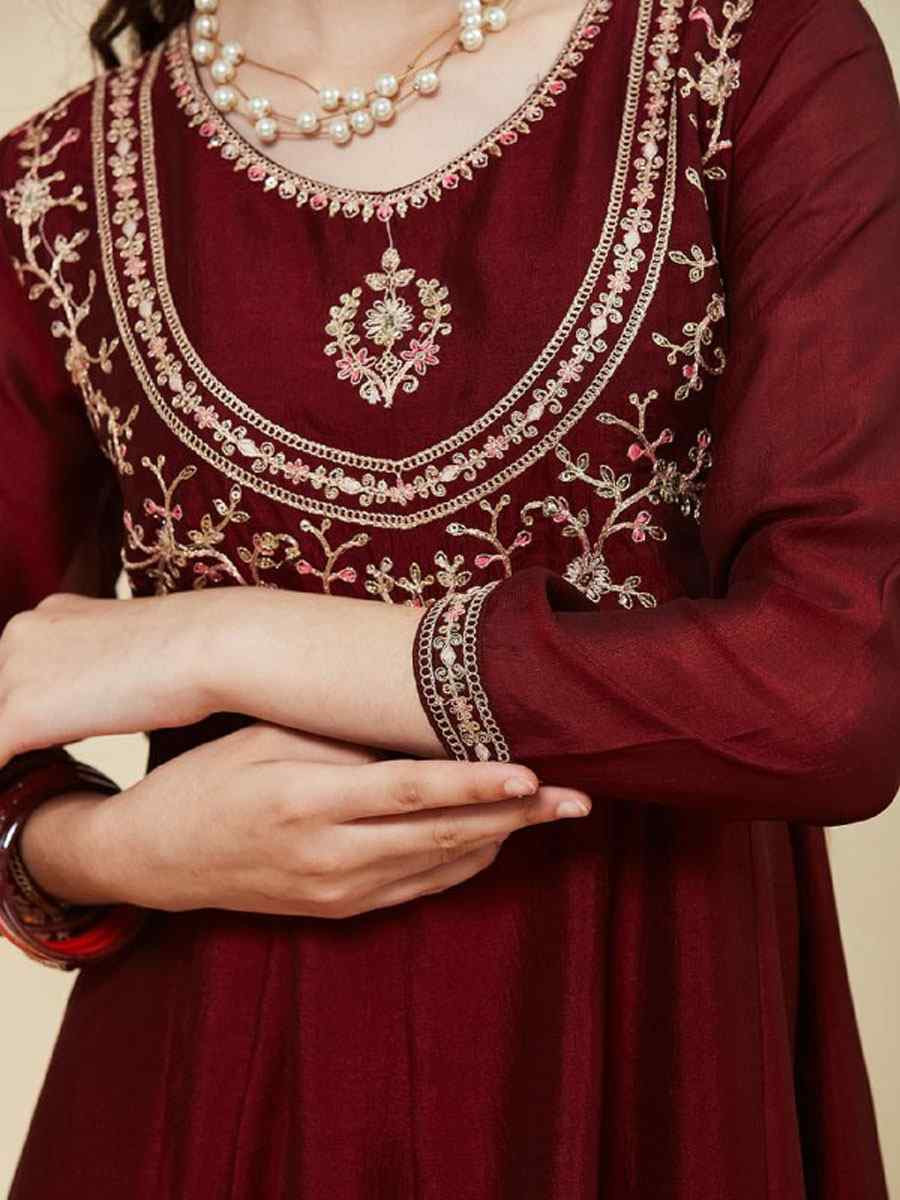 Maroon Silk Blend Embroidered Wedding Festival Salwars Girls Wear