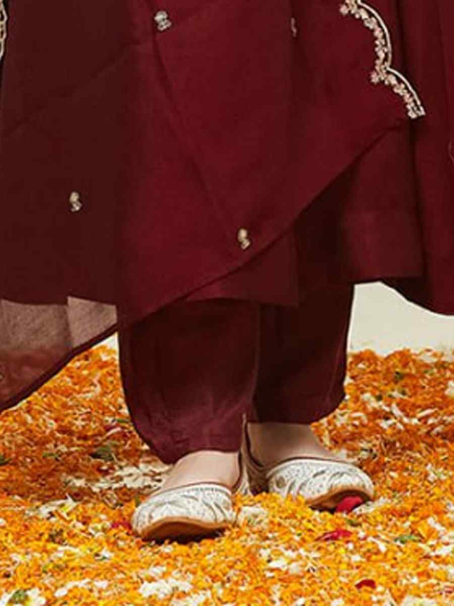 Maroon Silk Blend Embroidered Wedding Festival Salwars Girls Wear